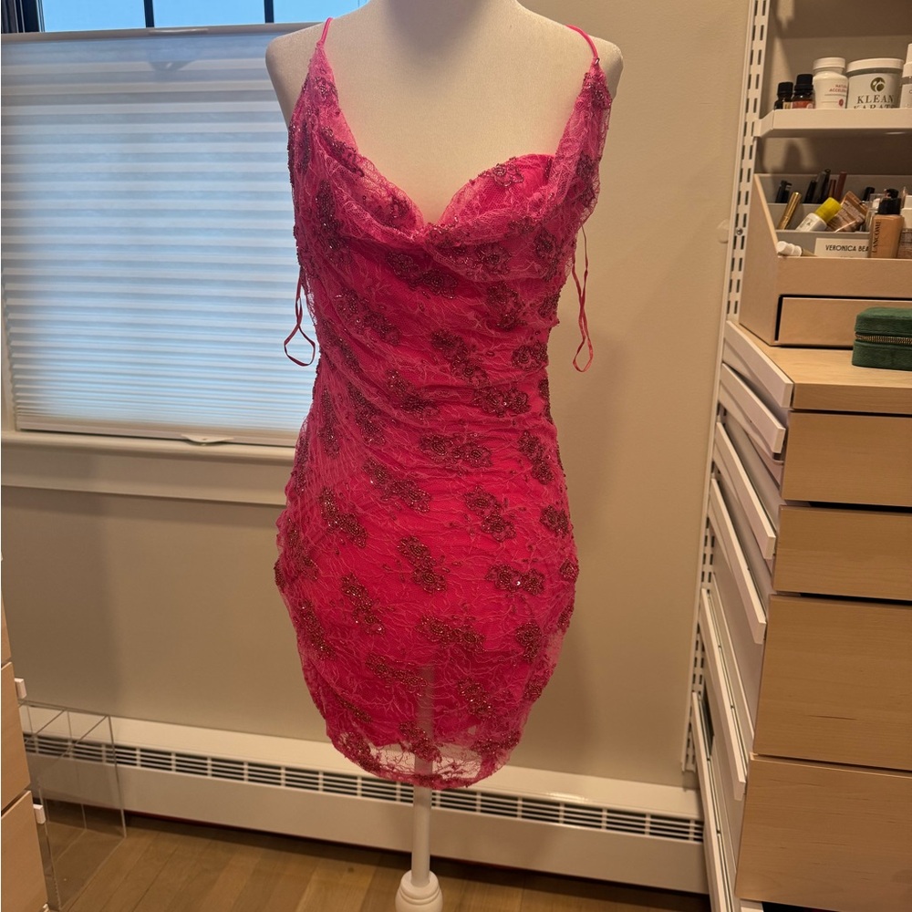 Retrofete Hot Pink Beaded Mini Dress